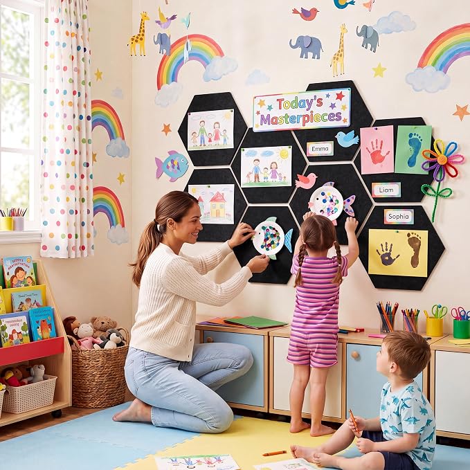8-Pack Hexagon Felt Bulletin Board Tiles, Cork Board Alternative | For students and teachers creating vision boards in homes, offices, dorms or classrooms; includes 40 tabs and 30 push pins