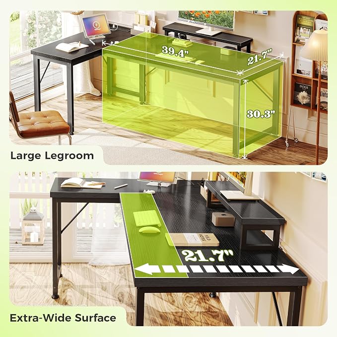 53" L Shaped Computer Desk, Power Outlets, Monitor Stand, Black | USB-C Ports, Reversible Charging Station, Spacious Desktop & Legroom, 0.94 Inch Thick Desktop, for Gaming, Study & Work