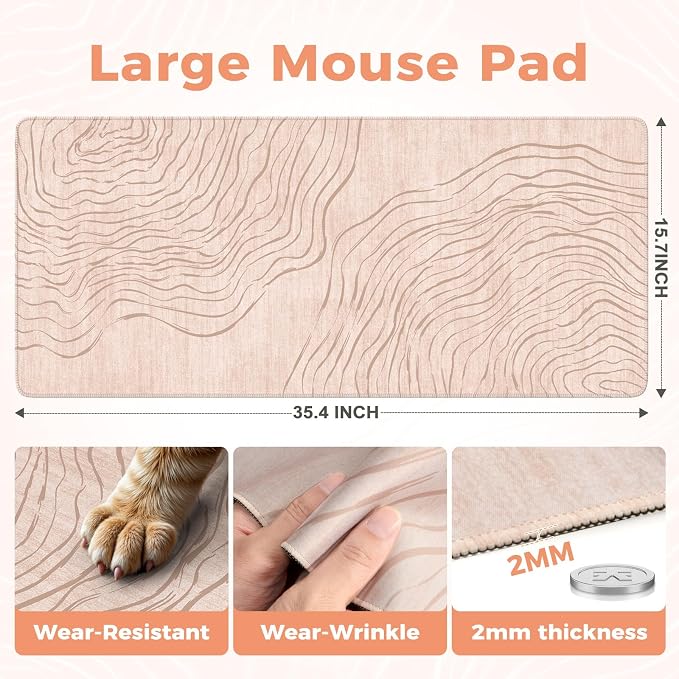 iCasso Big Mouse Pad,Aesthetic Desk Cover Mat for Desktop,Beige | Anti-Slip Computer Mat with Stitched Edges,Cute Keyboard Mat for Women,Extended Long Desk Protector for Office Home