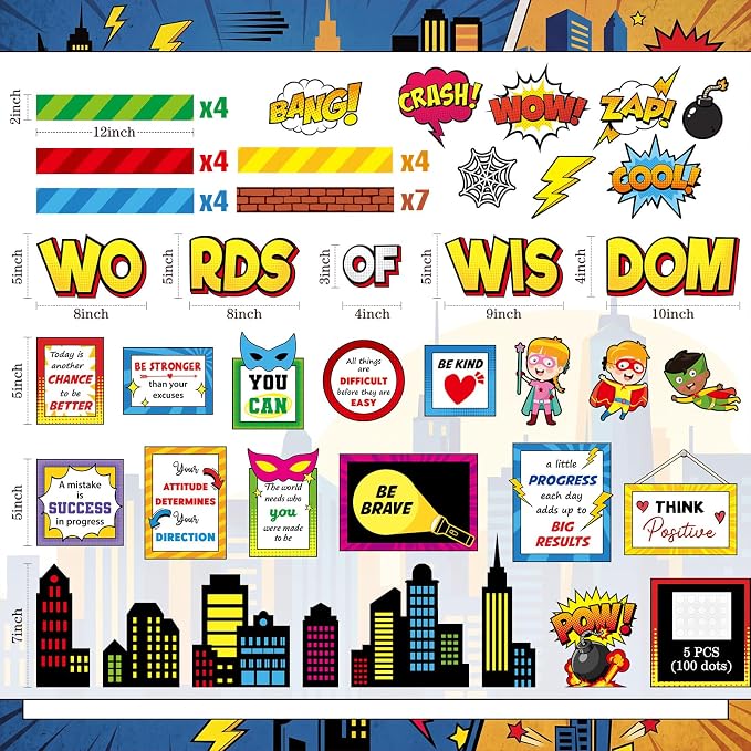 Mooliwe 57 Pcs Hero Bulletin Board Cityscape Cutouts for Classroom Decor | Inspirational Quotes with Comic Action Words, Building Skyline Designs for Office Chalkboard Door Wall