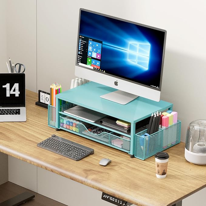 Desk Organizer and Accessories, 2-Tier Computer Monitor Stand Riser with Drawer and 2 Pen Holders, Laptop Stand, Office Desk Accessories for Office Supplies, 1 Pack, Teal Blue