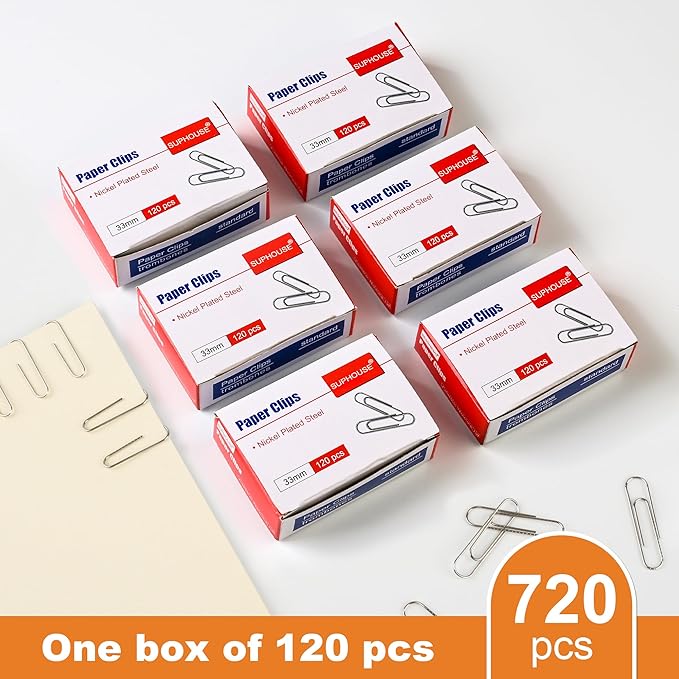 Paper Clips Medium Size Paperclips #1 Nonskid, 1-2/7 Inch Paper Clips for Office & School, Personal Use, 720 Count (6 Boxes of 120), Silver