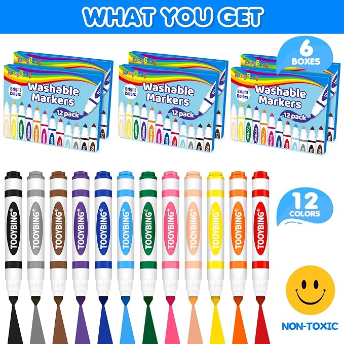 Washable Markers Bulk (72 Count, 6 Box), Broad Line Markers for Kids with Conical Tip, Assorted Colors, Drawing Essentials for School Classroom, Student Must Have for Coloring Book, Art Craft Supplies