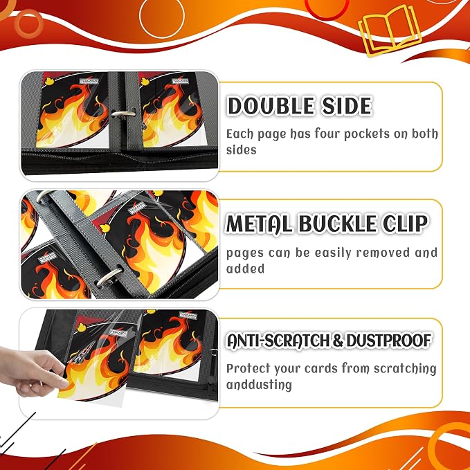 Trading Card Binder 4 Pocket, Card Binder 400 Pockels Card Book Holder Cards with 50 Removable Sleeves, 3-RingZip Design MTG/TCG/Sport Collectible Trading Card Albums Gifls for Boys and Girls (Fire）