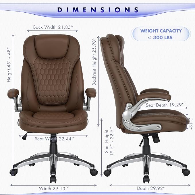 COLAMY Executive Office Chair-Ergonomic Computer Desk Chair, High Back Leather Chair with Padded Flip-up Arms, Swivel Home Office Chair Upgraded Caster, Brown