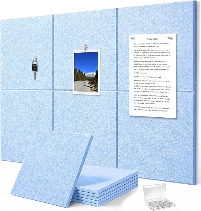 0.47”Thick Felt Bulletin Board Wall Tiles Pin Board 36x24 (L-Blue) | 6Pack 11.81”x11.81”x0.47”Felt Cork Board Tack Board with Safe Removable Adhesive Tabs and Pushpin for Home Office School