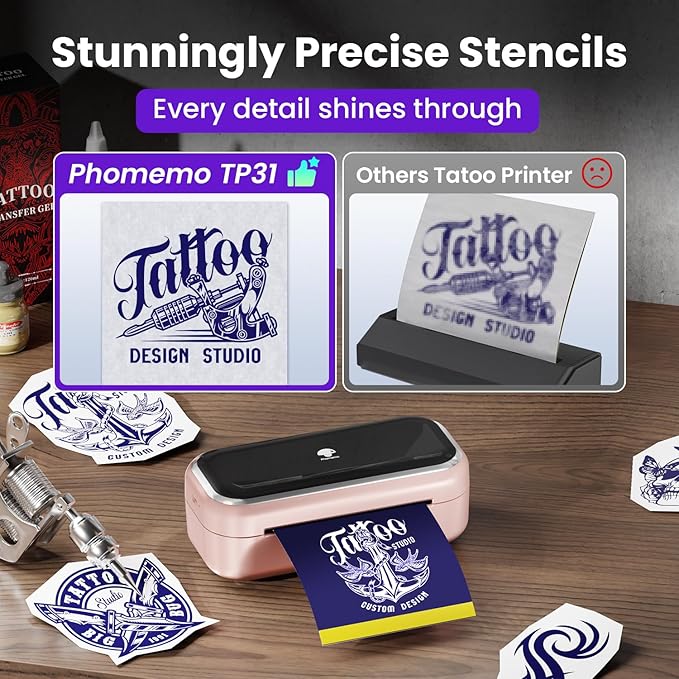 Phomemo TP31 Tattoo Stencil Printer, Mini Temporary Tattoo Maker with 30pcs Transfer Paper,Bluetooth Tattoo Machines Printers for Tattoo Beginners & Artists,DlY,Parties,Gifts,Pink