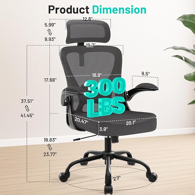 Office Chair - Ergonomic Desk Chair Breathable Mesh Chair with 2D Headrest & Adjustable Lumbar Support - Executive High Back Rolling Swivel Computer Gaming Chair with Wheels Flip-up Armrests