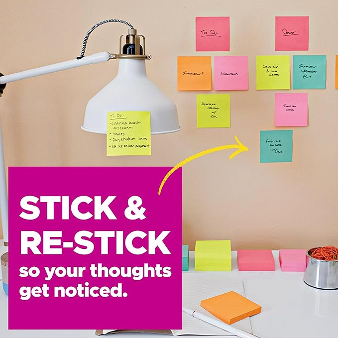 Post-it Super Sticky Notes, 3 Sticky Note Pads, 3 x 3 in., School Supplies, Office Products, Sticky Notes for Vertical Surfaces, Monitors, Walls and Windows, Energy Boost Collection (Pack of 2)