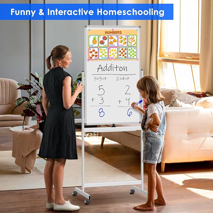 Maxtek Magnetic White Board on Wheels 48x24 Black Mobile Double-Sided Board | Mobile Dry Erase Board on Stand, Rolling Aluminum Frame Reversible Writing Surface for Office, School, Home and Homeschool