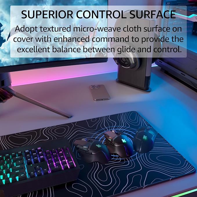 KTRIO Large Gaming Mouse Pad, Desk Mat, 31.5 x 11.8 in, Black Topographic, XL