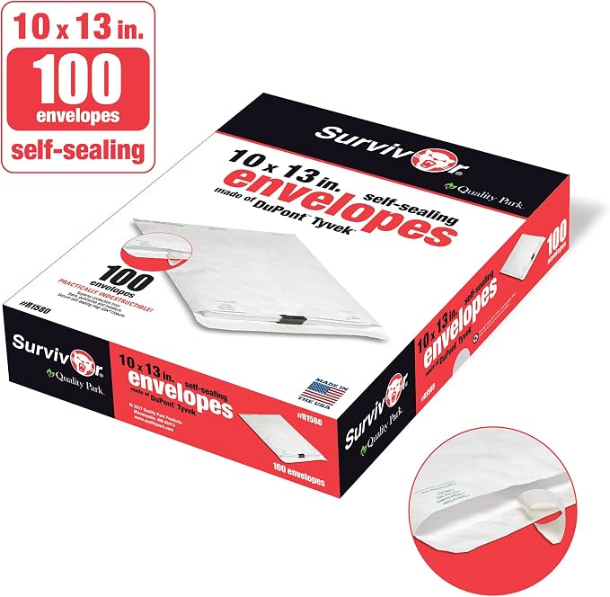 Quality Park Tyvek Envelopes, 100 Pack, Large 10 x 13 Mailers, Easy-to-Open Tamper Evident Pull Strip, Rip, Puncture & Water Resistant Self Sealing Mailing Envelopes for Lightweight Shipping, White