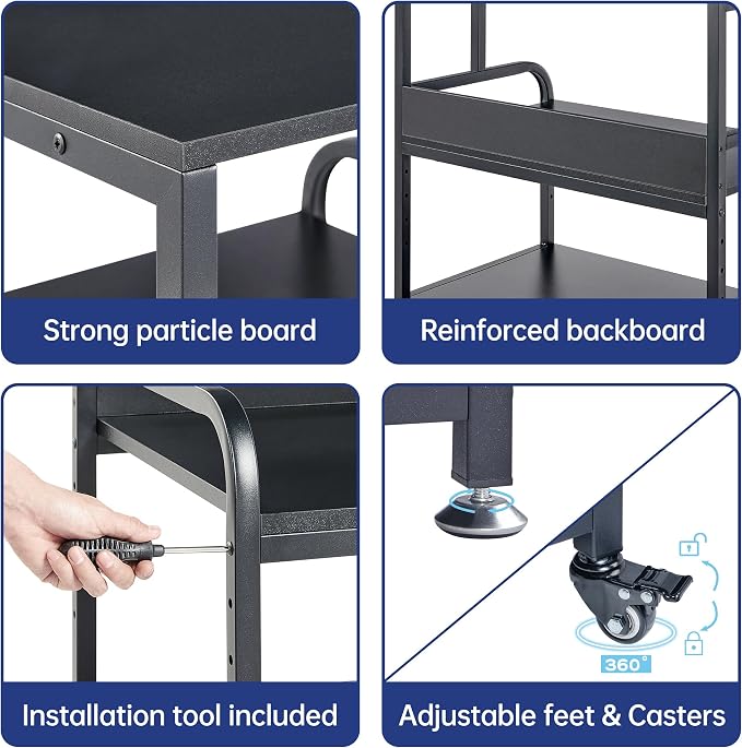 Fannova 25.6"x23.6" Extra Large Printer Stand with Adjustable Storage Shelf | Heavy Duty 3D Printer Table with Metal Frame, 3 Tier Rolling Printer Cart with Industrial Wheels for Home Office, Black