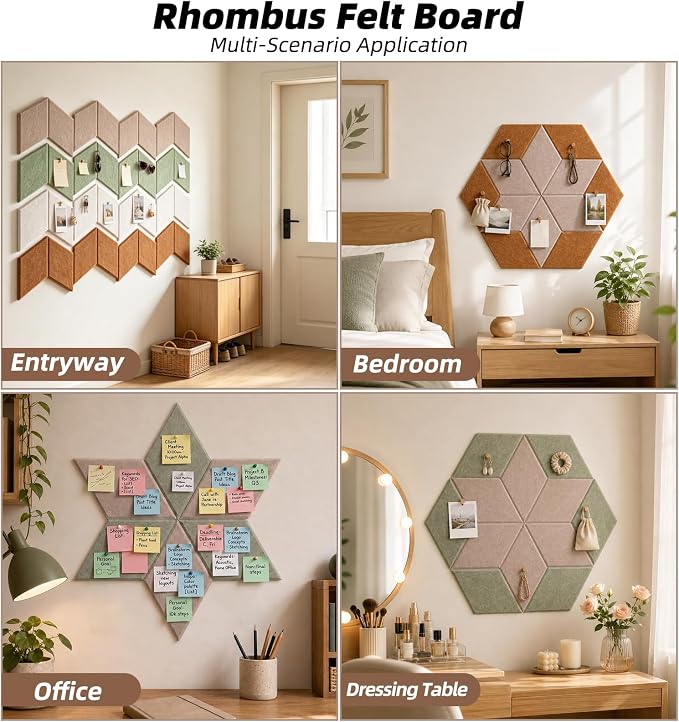 24 Pack Rhombus Felt Bulletin Board Tiles, Mocha Mist | Cork Board Alternative for Walls Decor with 72 Adhesive Tabs, Felt Pin Board for Classroom Home Office Vision Board