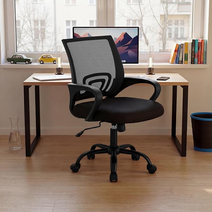 DUMOS Ergonomic Office Chair, Mid-Back Executive Desk Chair 2 Pack | Comfortable Lumbar Support, Breathable Backrest, Fixed Armrest, Height Adjustable, 360° Swivel, Computer Gaming, Black