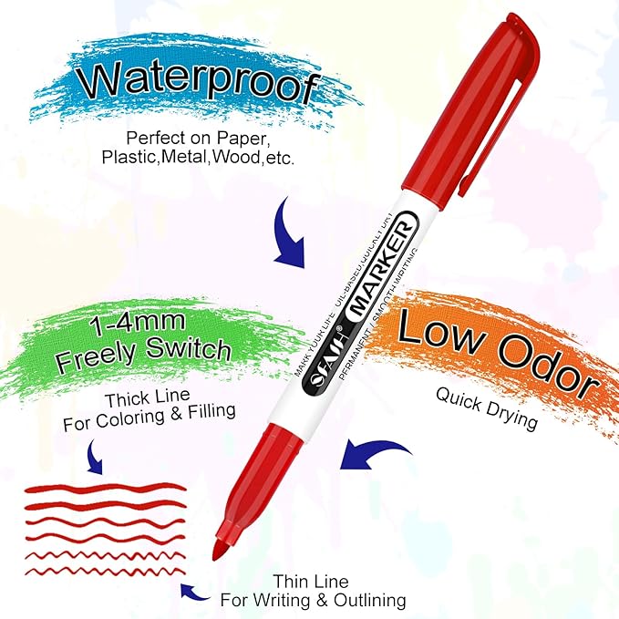 SFAIH 60 Colors Permanent Markers - Assorted Vibrant Colors, Quick Drying, Fade Resistant, Alcohol-Based Fine Point Permanent Markers for Paper, Plastic, Wood, Coloring, Drawing Doodling, Waterproof
