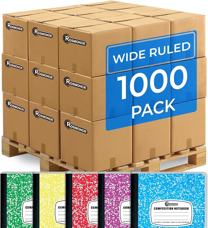 Composition Notebooks Bulk, 1000 Pack, Wide Ruled, Color Marble | Pallet of Composition Notebooks, 100 Sheets (200 Pages), 9-3/4 x 7-1/2, Bulk Notebooks for School & Office, 4-7 Days Transit