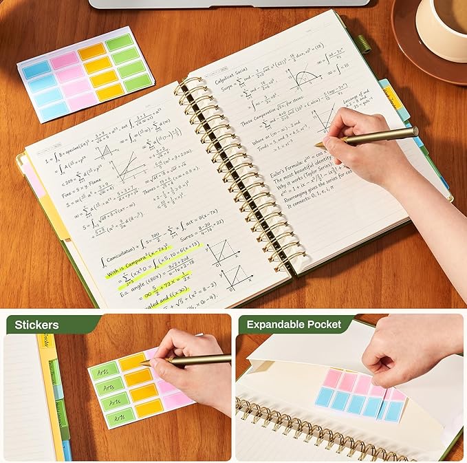 Hardcover Spiral Notebook with 5 Removable Dividers Tabs 300 Pages Leather 5 Subject Notebook College Ruled 8"x10" Large B5 Notebooks for Work School Note taking Lined Journal for Women, Green