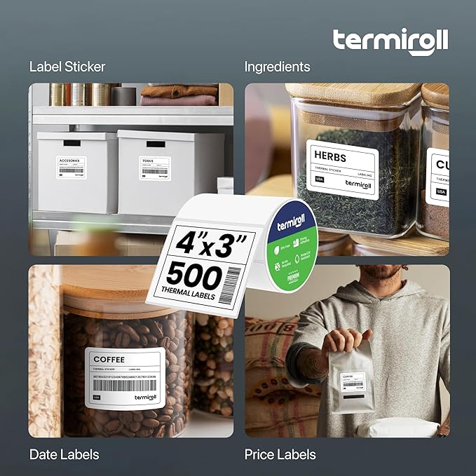 4x3 Direct Thermal Labels – 500 Labels/Roll, Product & Inventory Barcode Labels, No Ink Required, Smooth Feeding for Rollo, Zebra & MUNBYN Printers