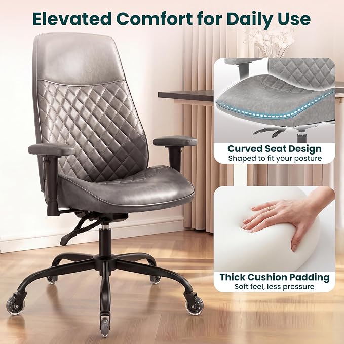 NEO CHAIR Leather Office Chair with Ergonomic Design, Executive Chair Grey | Computer Desk Chair with Lumbar Support, Adjustable Height Arms, Comfy Home Office Chair, Smooth Rolling and Swivel Design