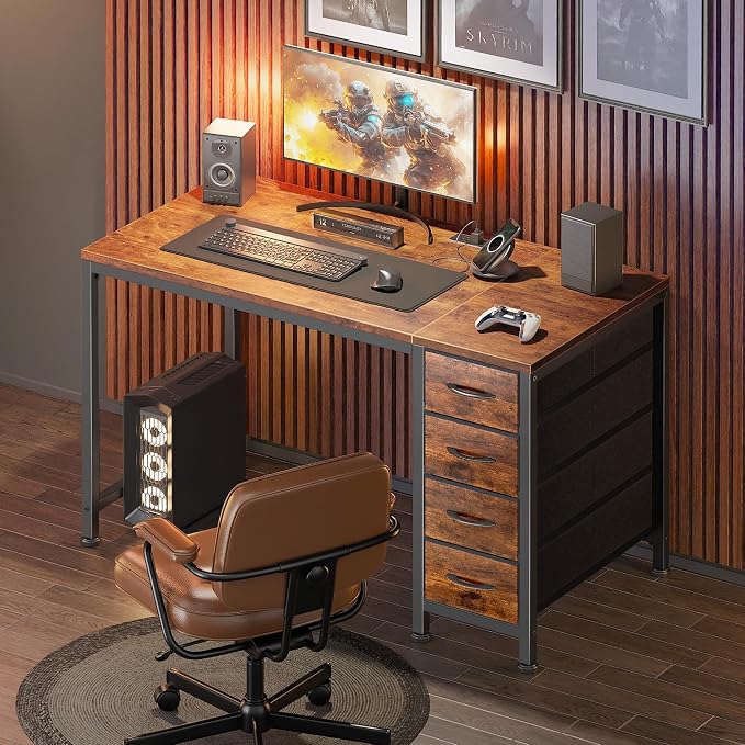 39.4 Inch Computer Office Desk with Power Outelts and USB-C Port, Reversible Gaming Desk with 4 Fabric Drawers, Work Study Desk Work from Home, Rustic Brown