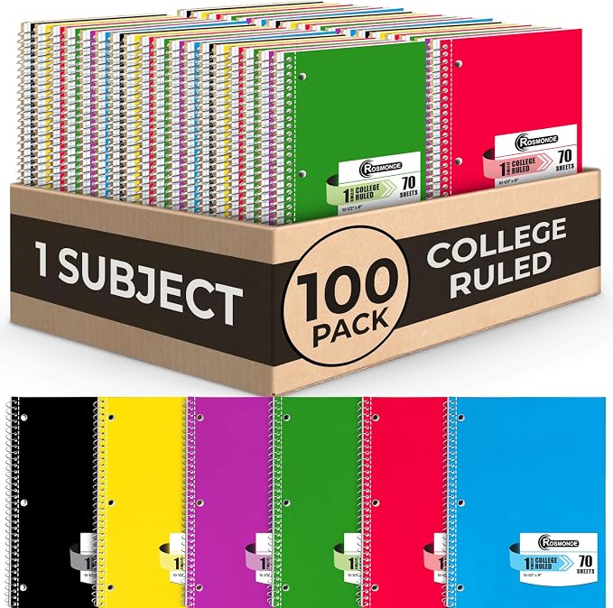 100 Pack 1 Subject Spiral Notebook College Ruled Bulk, 70 Sheets | College Ruled Notebook 1 Subject Bulk, 140 Pages, 8 x 10-1/2", 3 Hole Punched, Thick No-Bleed Paper, Bulk Subject Notebook