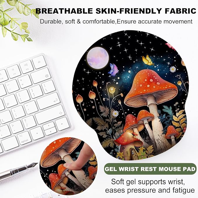 Red Mushrooms Mouse Pad with Gel Wrist Support, Smooth Surface Ergonomic Mouse pad, Non-Slip Pain Relief Desk Mat for Gaming, Work & Office Desktop