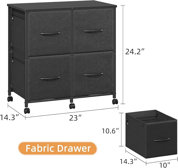 4 Drawer Mobile Lateral File Cabinet 23''W for Large Printer | Sturdy Metal Frame & Wood Top, Holds 50 Lbs, Casters, Fits Letter/A4 Size (No Legal), Fabric Drawer, Black