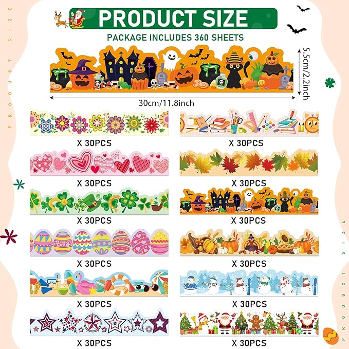 Geyee 360 Pcs Easter Bulletin Board Borders St. Patrick's Holiday Decorations Summer Spring Classroom Borders Bulletin Board Trim for Classroom School, 12 Design(Novel)
