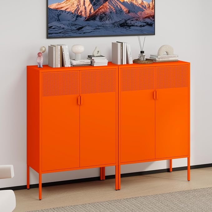 3-Tier Metal Storage Cabinet with 2 Adjustable Shelves & Mesh Doors | Metal Locker Accent Cabinet with Legs, Orange Storage Cabinets, Metal TV Stand Cabinet for Home Office, Entryway & Hallway