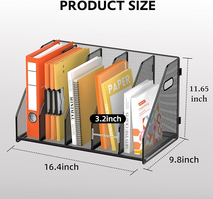Binder Organizer, Magazine File Holder with 5 Vertical Rack, Black | Metal Desk File Organizer & Binder Holders, Magazine Book Organizers for Office Desktop, Home, School, Classroom