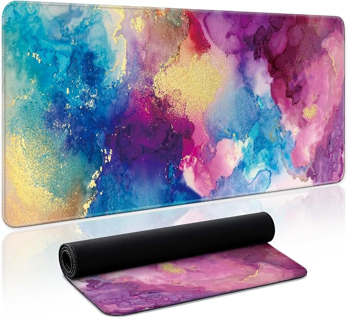 Aesthetic Desk Mat, Cute Color Splash Desk Pad Protector for Work & Decor, 35.4" x 15.7", Pretty Non-Slip Extended Mouse Pad for Office or Home