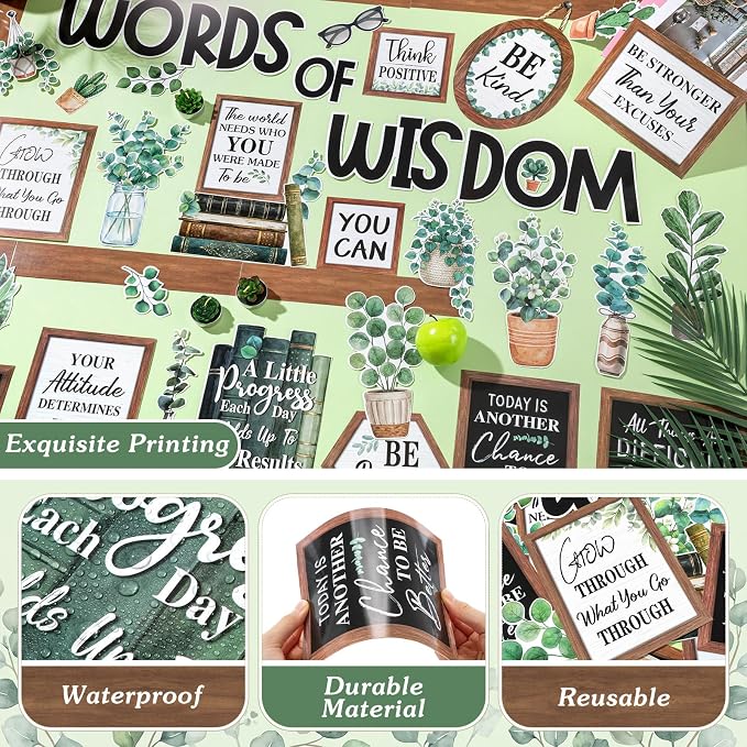 Mooliwe 57 Pcs Eucalyptus Bulletin Board Set Boho Inspirational Cutouts | Motivational Quotes for Teachers, Positive Sayings Wall Set, Classroom Office Home Décor, Words of Wisdom Farmhouse Style