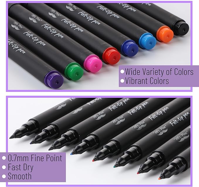 Mr. Pen- Felt Tip Pens, Assorted Colors, 8 Pack, 0.7mm, Bible Journaling Pens, Fine Felt Tip Pens Fine Point, Journaling, Note Taking, Fast Dry, Writing