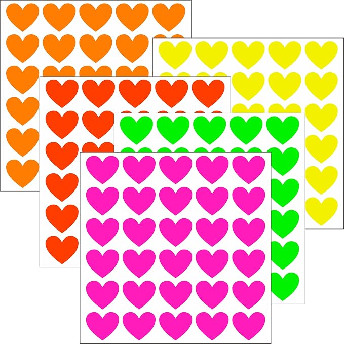 YSHIHE Fluorescent Heart Stickers,3/4 Inch Mini Sticke,5 Neon Colors | 1650 PCS Neon Love Sticker Cute Tiny Heart 55 Steets for Party, Gift Packaging, Decorating