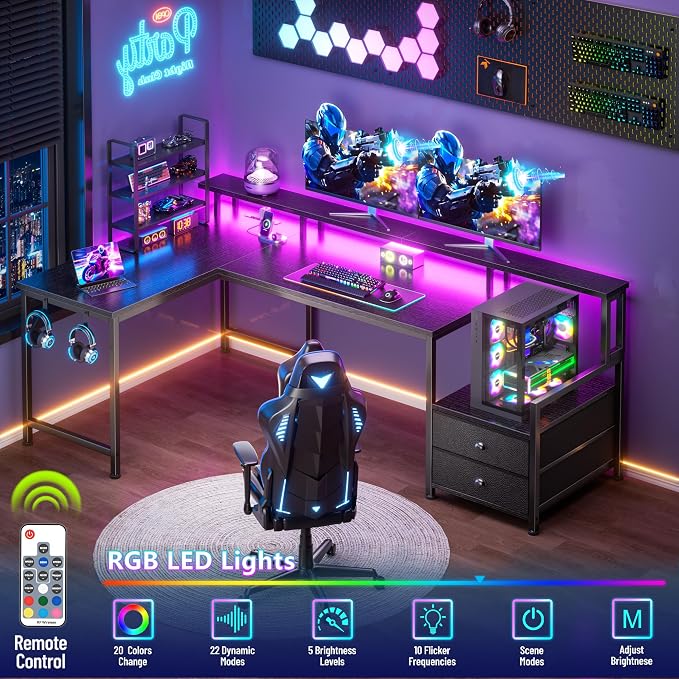 Korfile 57'' L Shaped Gaming Desk with Storage Drawers, Power Outlets, LED | Black Computer Desk with Host Stand, Reversible Corner Design for Gaming, Work, Home Office, Study Room, Bedroom