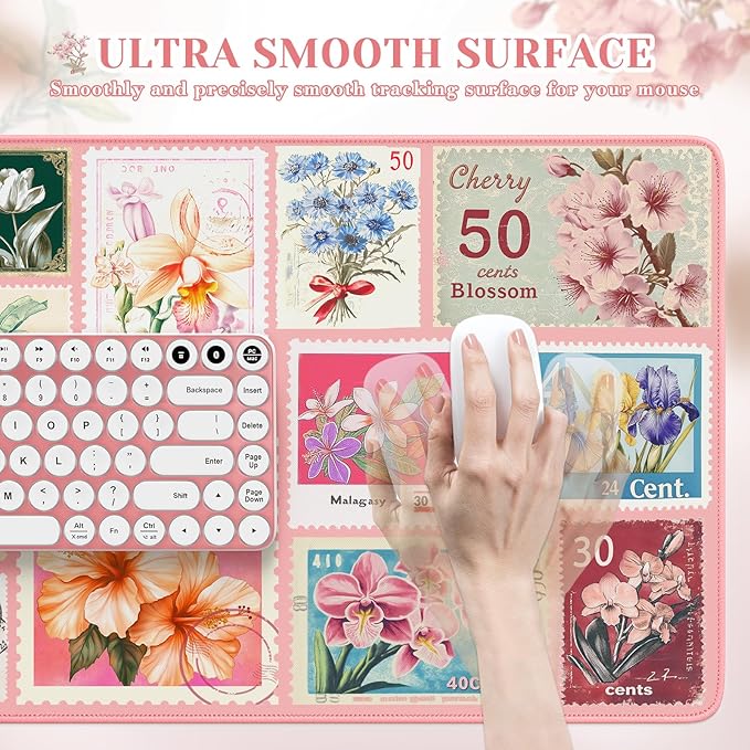 iCasso Floral Desk Pad Mat, XXL Large Mouse Pad, Pastel Pink | Anti-Slip Retro Mousepad with Stitched Edges, Computer Keyboard Mat for Desktop Decor, Aesthetic Office Desk Accessories