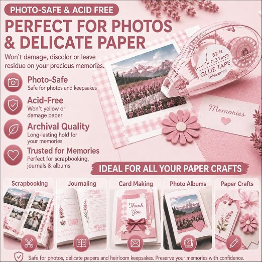 MARCADORUS Double Sided Tape Roller, Scrapbook Glue Tape 6 Pack, Extra-Long | 52 Ft x 0.31 In Each, 312 Ft Total; Permanent, Acid-Free, Photo-Safe Tape for Scrapbooks, Journals, Cards & Crafts