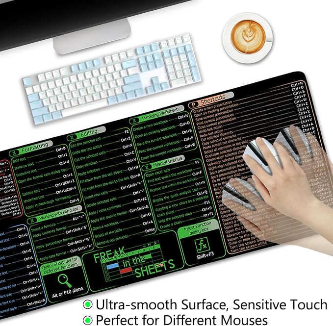 LIMKRIAN Office Software Excel Shortcuts Mouse Pad, Extended Large Cheat Sheet Mousepad, Mouse Pads for Desk Non-Slip, Keyboard Mouse Pad for Laptop Computer Work Office Desk Accessories 31.5x11.8 in