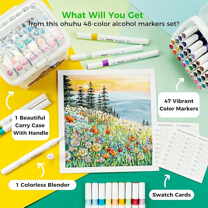 Ohuhu Alcohol Markers Brush& Fine 48 Landscape Colors for Adult Coloring | Brush Art Marker Set for Beginners Drawing Sketching, Dual Tips Alcohol-based Ink& Storage Case