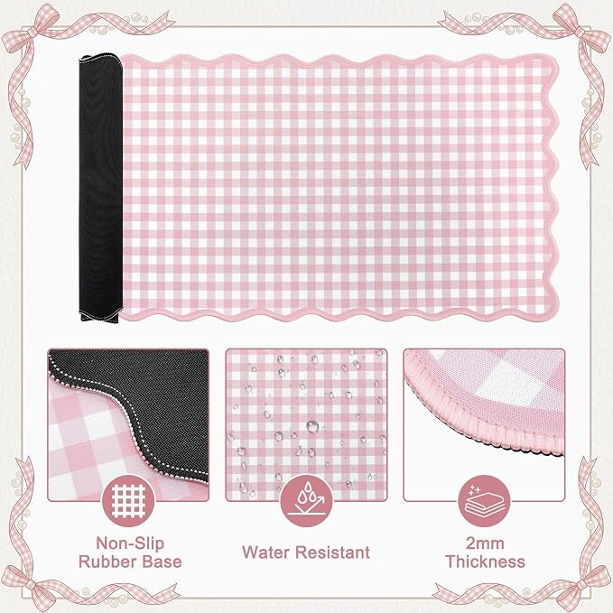 Pink Gingham Desk Mat Set with Wrist Rest, Ergonomic Design, Scalloped Edge Keyboard Mouse Pad Set Large 35.4x15.7 Inch, Memory Foam Wrist Support, Non-Slip Desk Pad Home Office Decor