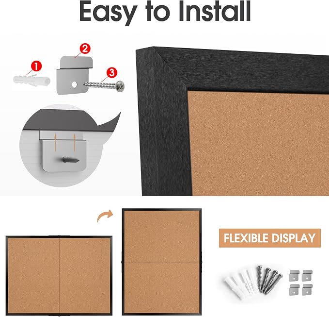 Cork Board Bulletin Board 36 x 48, Black Wood Framed 4x3 Corkboard, Foldable Office Board for Wall Decor, Large Wall Mounted Notice Pin Board with 36 Push Pins for School, Home & Office