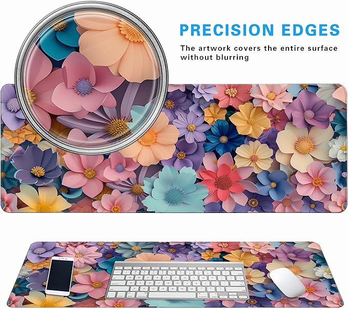 Flower Topics Mouse Pad 31.5 X 11.8 Inch Gaming Mousepad Keyboard Pad Large Non-Slip Rubber Base Mice Mat with Stitched Edges for Home Office Computer Desk Decor