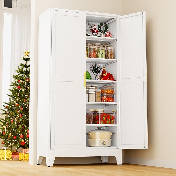 78.7" Tall Metal Pantry Cabinet, Freestanding Kitchen Storage Cabinet | with 2 Doors and 5 Adjustable Shelves, Versatile Storage Cupboard for Kitchen, Laundry, Dining & Utility Room, White