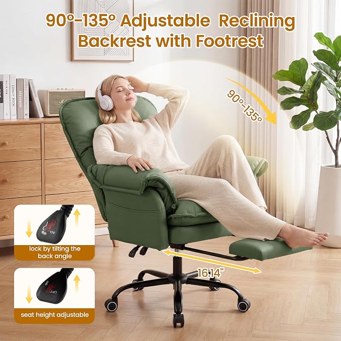 Criss Cross Office Chair with Flip Arms & Footrest, Comfy Desk Chair,Green | Cross Legged Office Chair, Wide Seat Reclining Desk Chair with Wheels, Vanity Chair with Pocket Spring Seat and Side Pockets