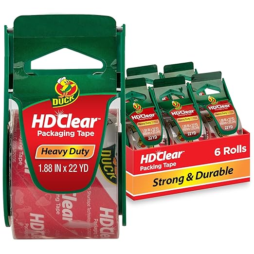 Duck HD Clear Packing Tape with Dispensers - 6 Rolls of Strong Heavy Duty Packing Tape for Shipping and Moving, Boxes and Packaging - 1.88 In. x 22.2 Yards - 1.5" Core - Clear (287732)