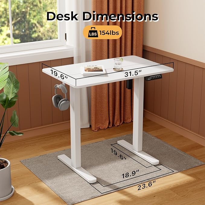 Small Standing Desk, 32" ×20" Electric White Standing Desk, Height Adjustable Compact Sit Stand Workstation with Splice Board, Home Office Desk with 2 Hooks