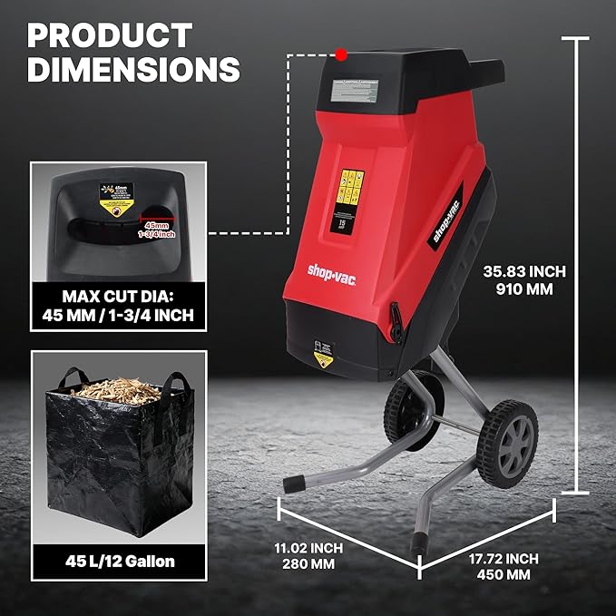 Shop-Vac Electric Wood Chipper, 15-Amp Wood Chipper Shredder with 45L Collection Bag and Push Paddle, Double-Sided Blade, 1-3/4 Inch Cutting Diameter for Yard Debris, Branches, and Leaves