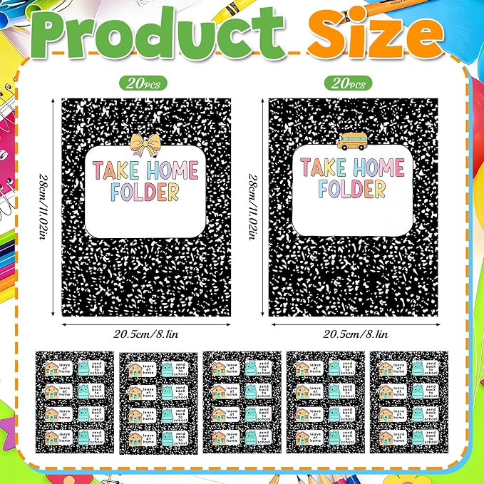 Gueevin 40 Set Student Homework Folder Labels for Composition Notebook Homework Take Home Folder Covers Label with Leave at Home, Send Back to School Sticker Thermal Printed for Office Classroom