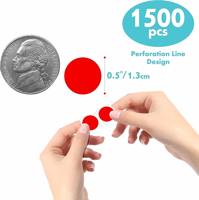 1500 PCS Round Red Color Code Dot Stickers, Permanent Inventory Labels with Perforation Line in a Roll for Office, Retail, Home, Classroom, Warehouse(1/2” in Diameter)